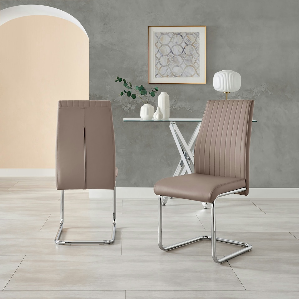 image 1 of Furniturebox 2x Lorenzo Cappuccino Beige Faux Leather Chrome Dining Chairs