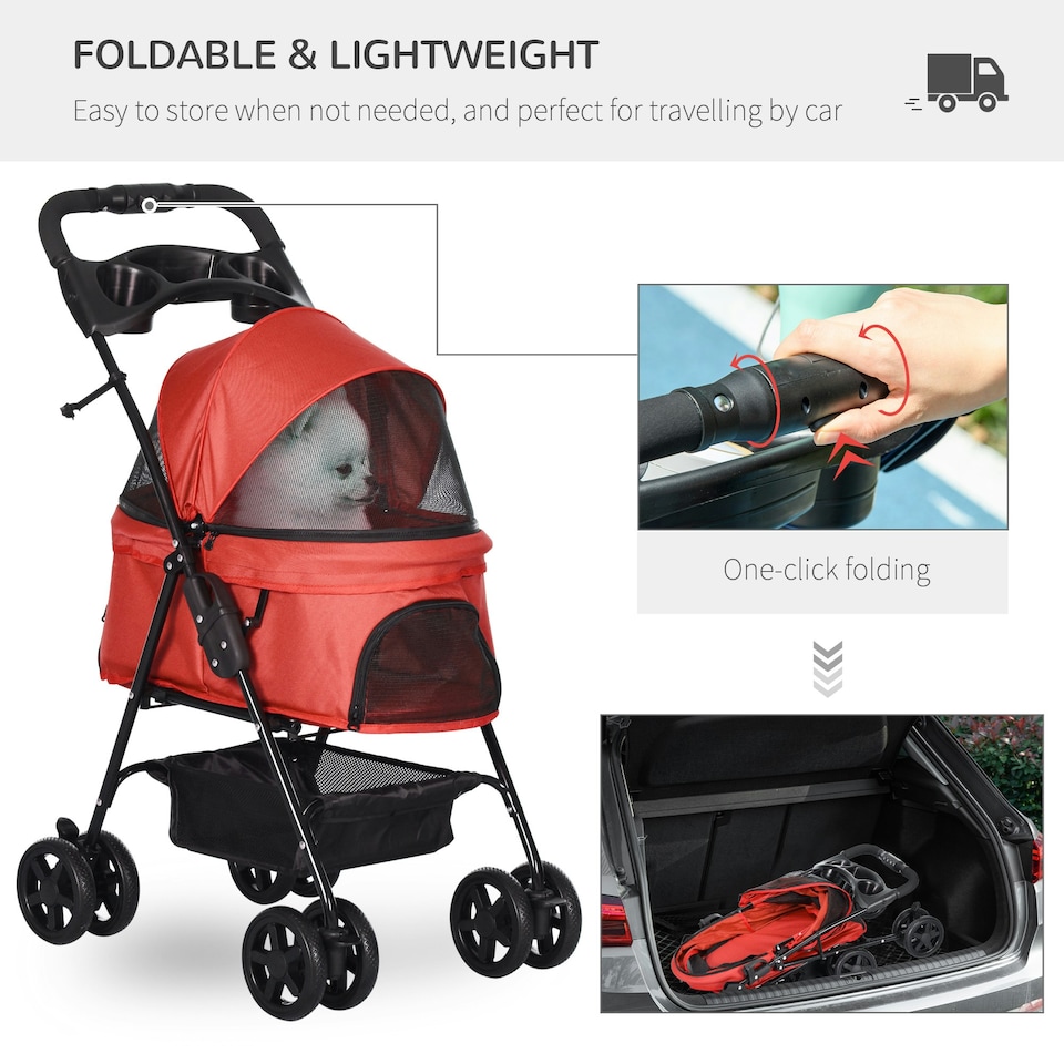 image 1 of PawHut Pet Stroller Foldable Travel Carriage w/ Brake Basket Canopy, Red