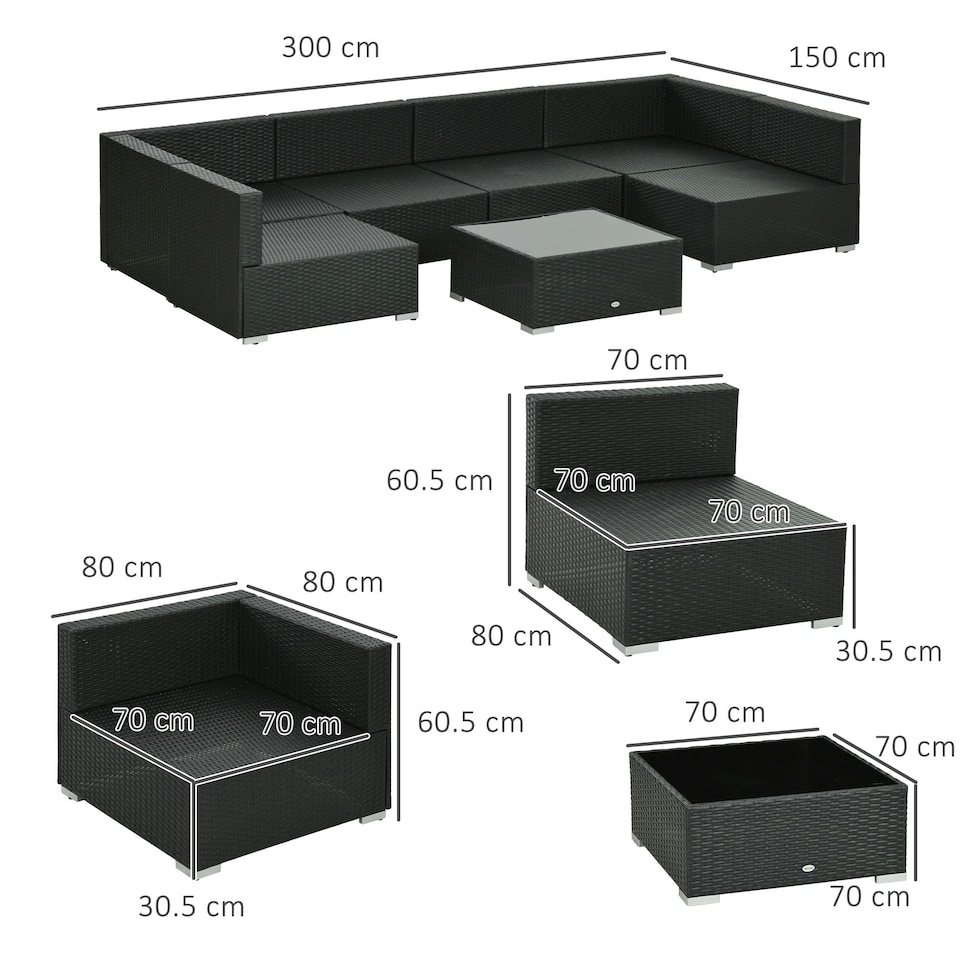 image 1 of Outsunny 7PC Rattan Garden Furniture Set Coffee Table Buckle Structure, Black