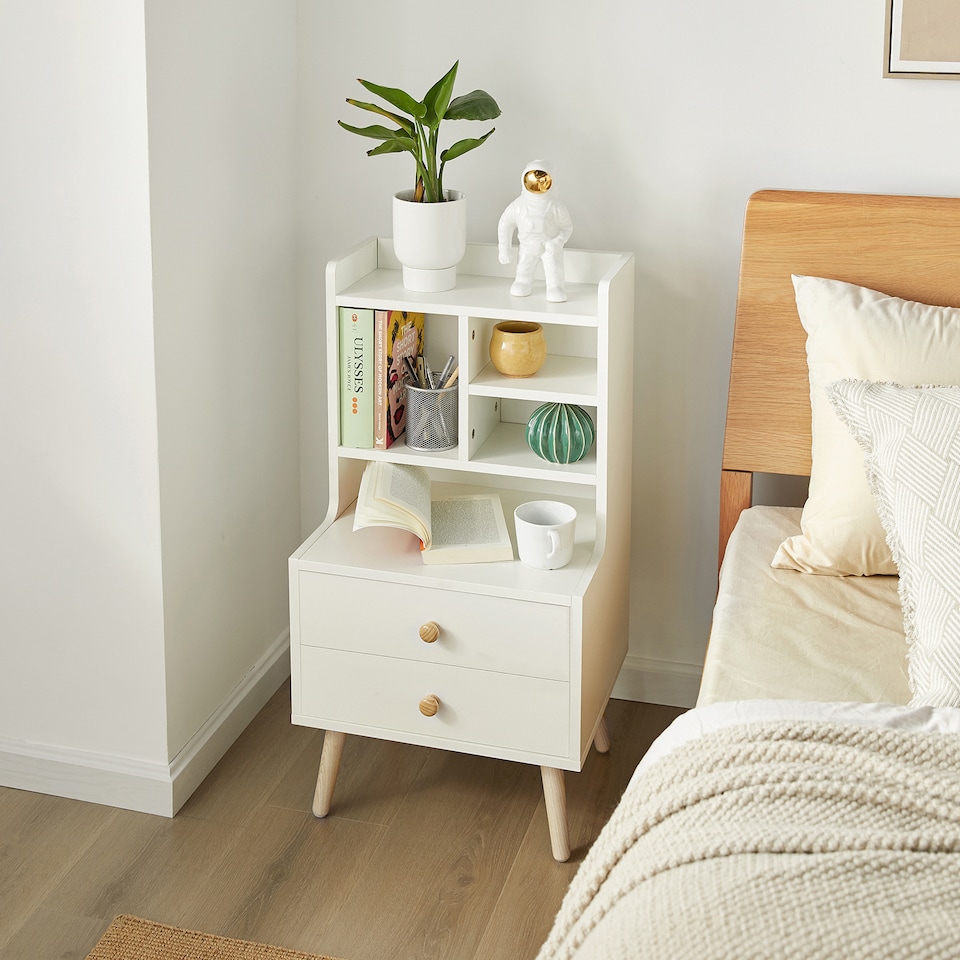 image 1 of SoBuy FBT100-W,Modern Bedside Table with 2 Drawers & 3 Open Shelves | White | White | 1