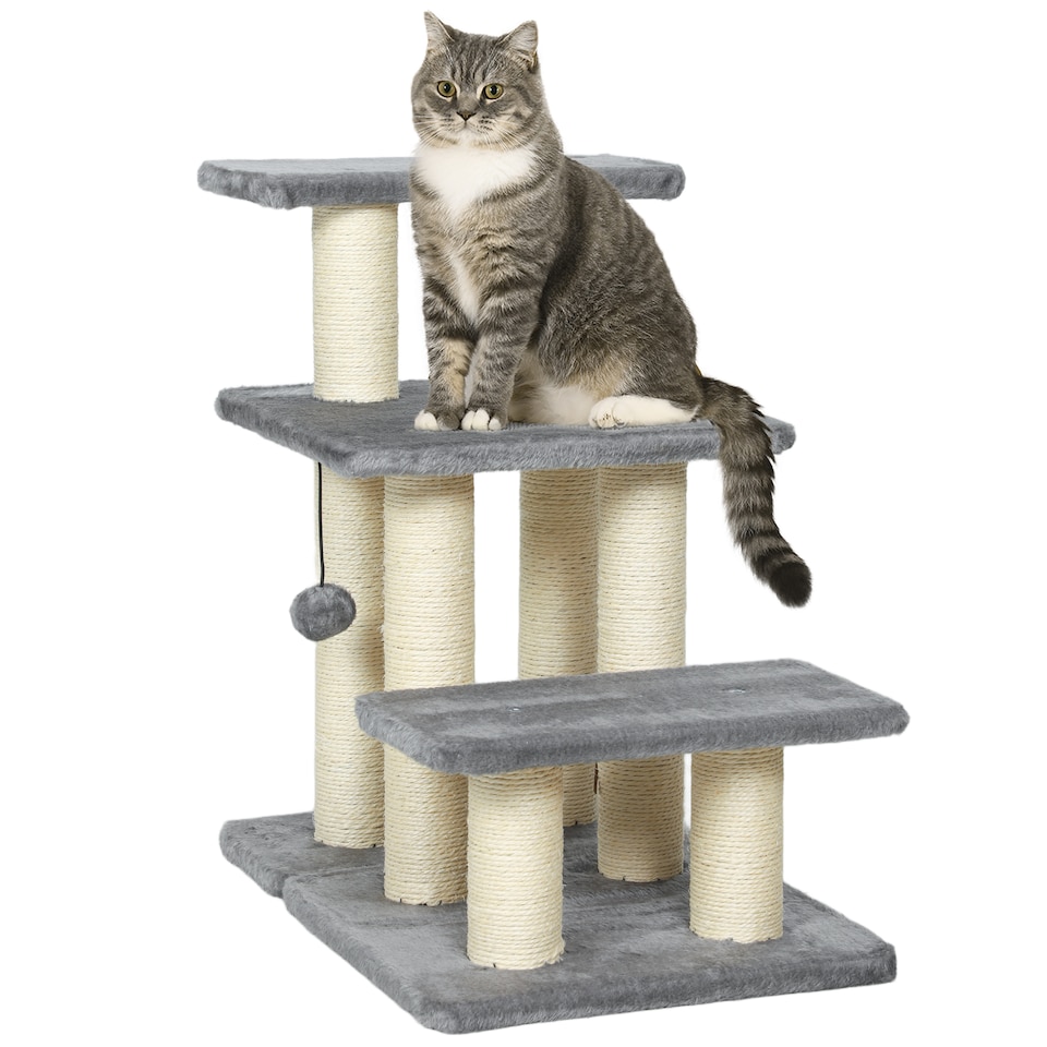 image 1 of PawHut 3 Step Pet Stairs with 6 Sisal Scratching Posts, Grey