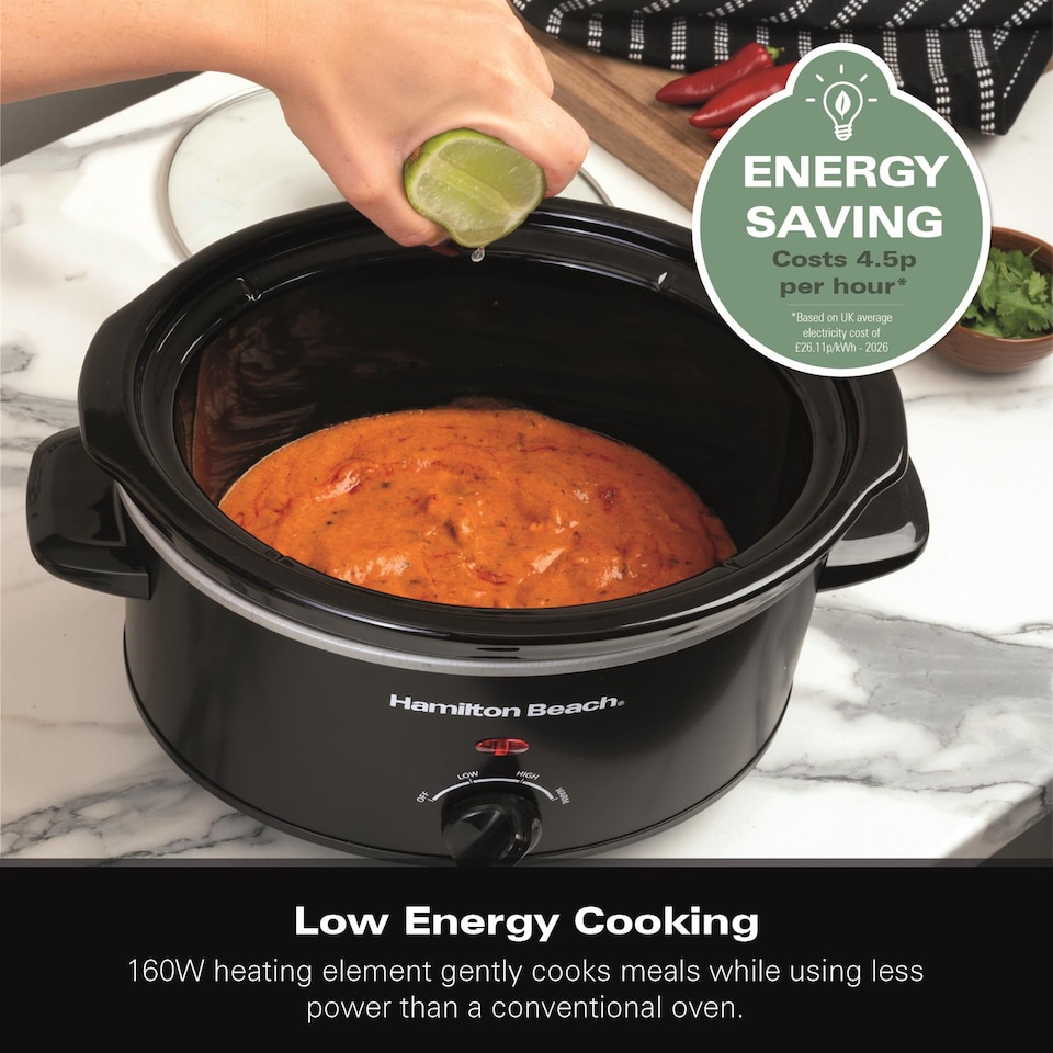 image 1 of Hamilton Beach Slow Cooker, 3.5 Litres, Comfort Cook, 160W, Energy-Efficient, Removable Oven-Safe Ceramic Bowl, 3 Heat Settings, Serves 2-4 People, Easy Clean, Black - HBSC040B