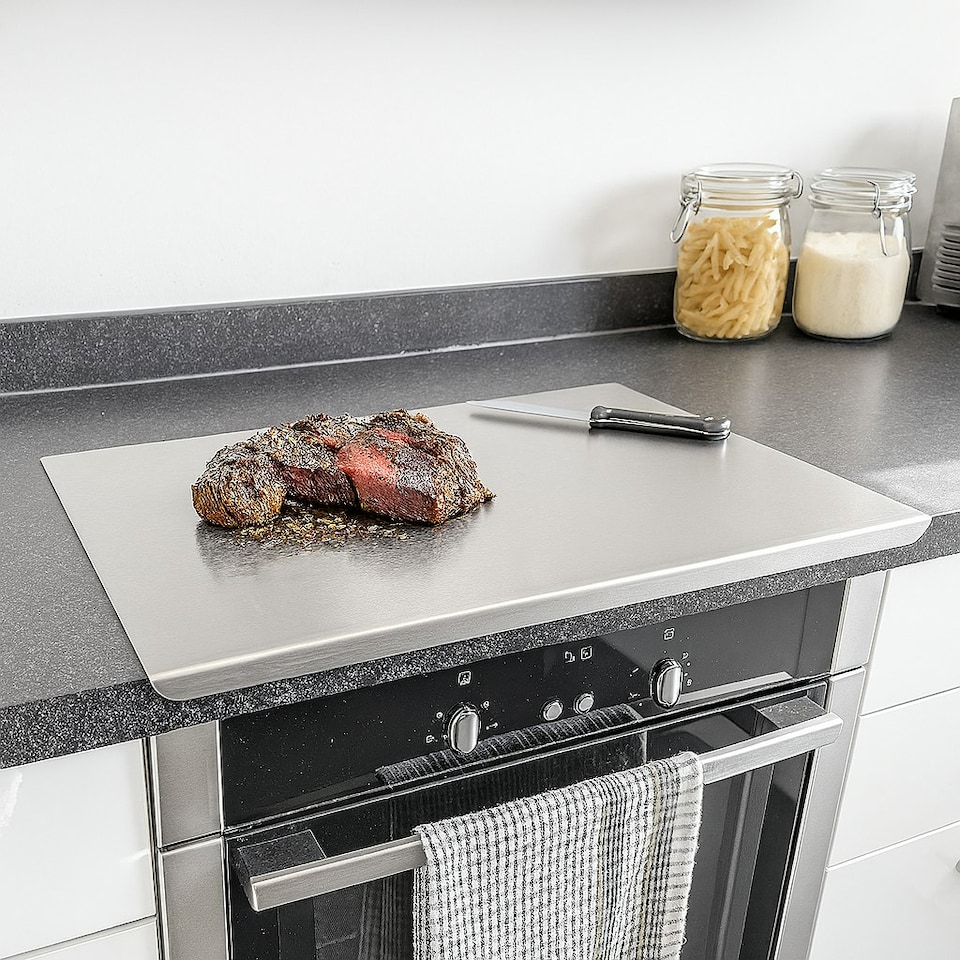 image 1 of Argon Tableware Counter Edge Chopping Board - 60 x 40cm - Stainless Steel Non-Slip Kitchen Worktop Saver Food Cutting Protector | Silver | Silver | 1