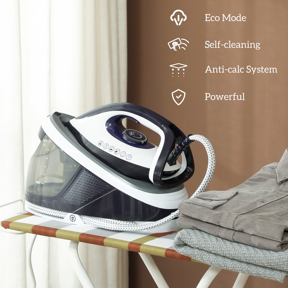 image 1 of HOMCOM Steam Generator Iron, Energy-Saving, Self-Cleaning, Powerful Vertical Steam, Automatic Shut-Off, Ceramic Non-stick Soleplate, Large 1.5L Detachable Water Tank, 8 Bar, c, Blue