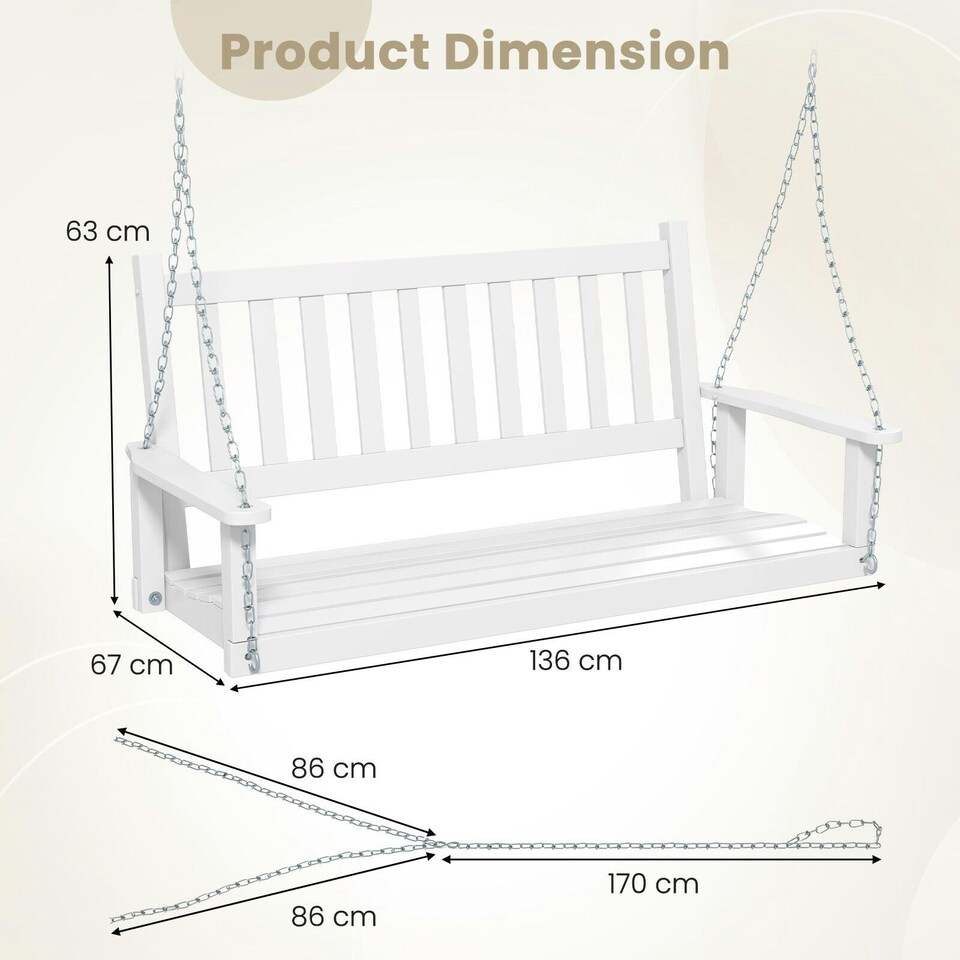 image 1 of COSTWAY 2-Person Porch Hanging Swing Chair Bench w/Back White | White