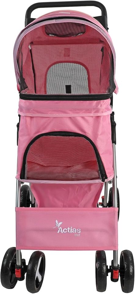image 1 of Pet Stroller Dog Cat Puppy Pram Pushchair Travel Cart Jogging Buggy Carrier (Pink with Cover)