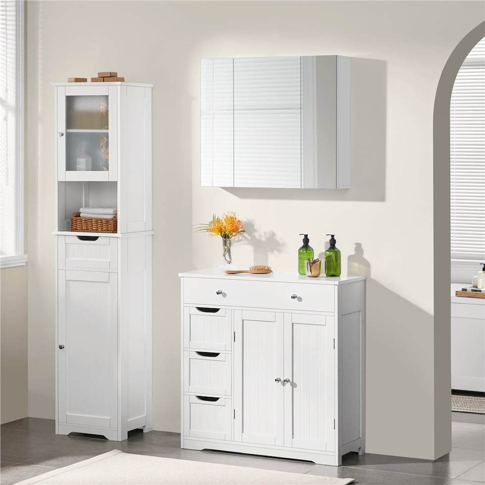 image 1 of Yaheetech Space-Saving Cabinet with Three Mirror Doors White | White | 1