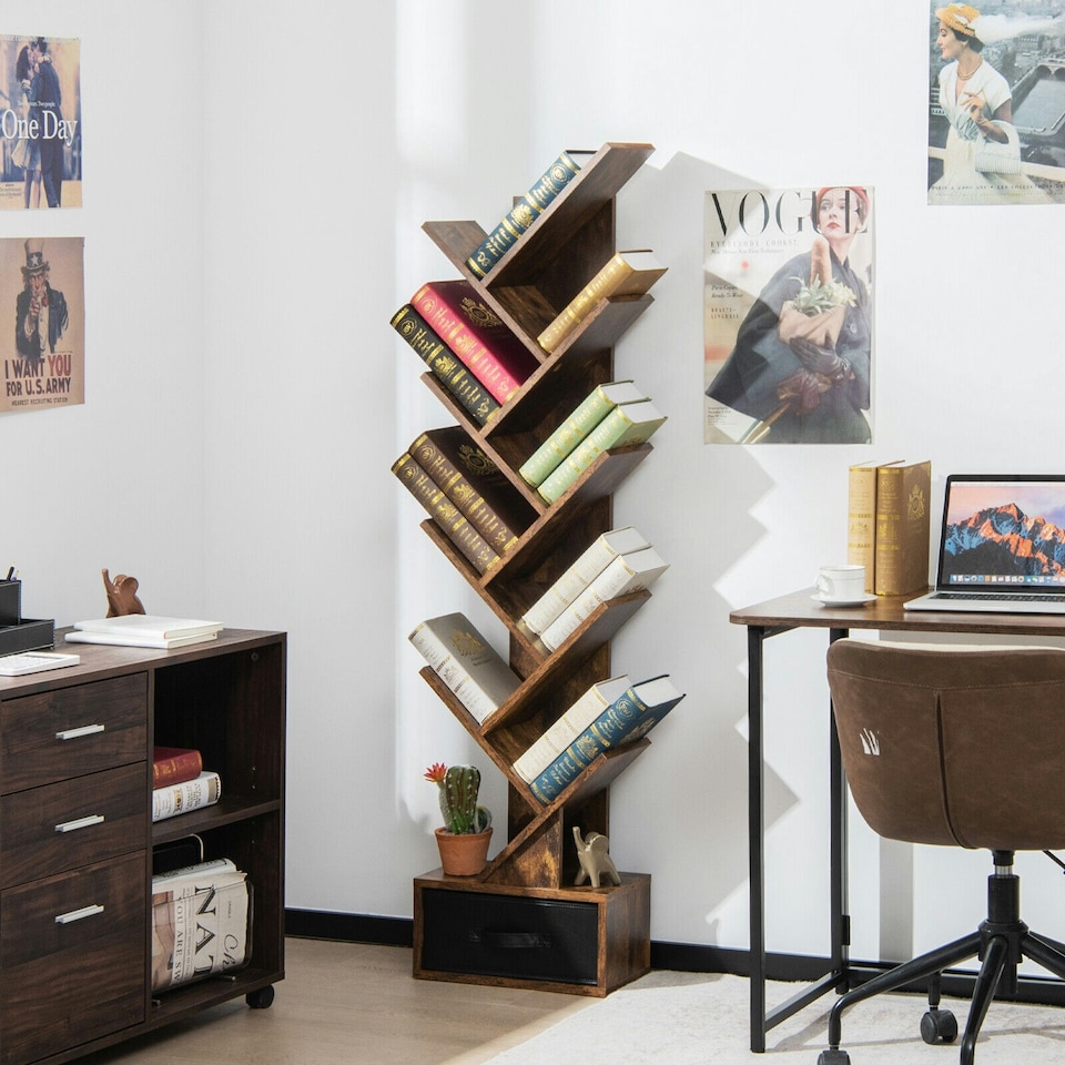 image 1 of COSTWAY 10 Tiers Bookshelf Display Bookcase with Drawer Brown Brown