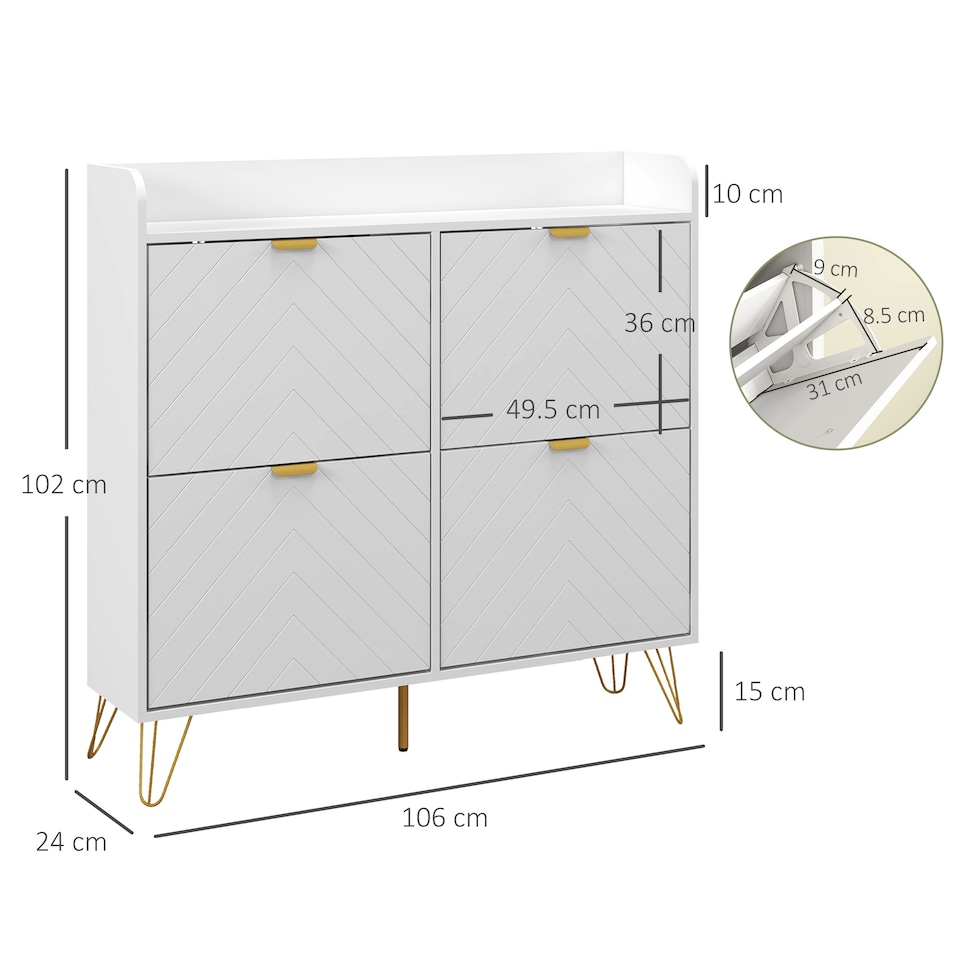 image 1 of HOMCOM Narrow Shoe Cabinet with 4 Flip Drawers, Slim Shoe Storage Cabinet with Adjustable Shelves, Hairpin Legs and 4 Vents for 16 Pairs of Shoes for Entryway, White