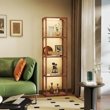 HOMCOM LED Floor Lamp with Glass Shelves, 4 Layers Dimmable Tall Standing Lamp, Modern Column Shelf Floor Light for Living Room, Bedroom, Office, Rustic Brown