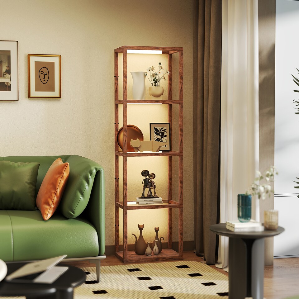 image 1 of HOMCOM LED Floor Lamp with Glass Shelves, 4 Layers Dimmable Tall Standing Lamp, Modern Column Shelf Floor Light for Living Room, Bedroom, Office, Rustic Brown