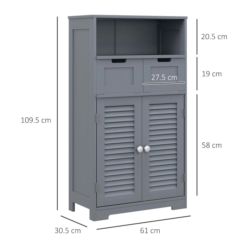 image 1 of kleankin Free Standing Bathroom Storage Cabinet with Louvred Doors, 2 Drawers, Grey