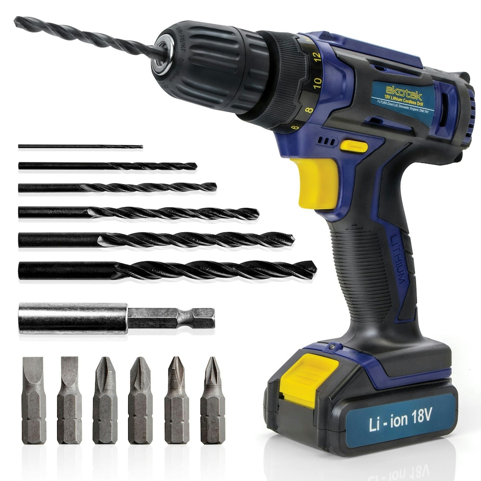 image 1 of Skotek 18V Cordless Drill & 13pc Screwdriver Set (Battery & Charger Included)