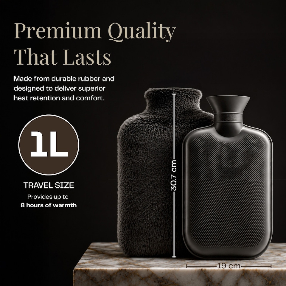 image 1 of 1L Hot Water Bottle - Luxury, Soft and Washable Hot Water Bag for Hot and Cold Compress