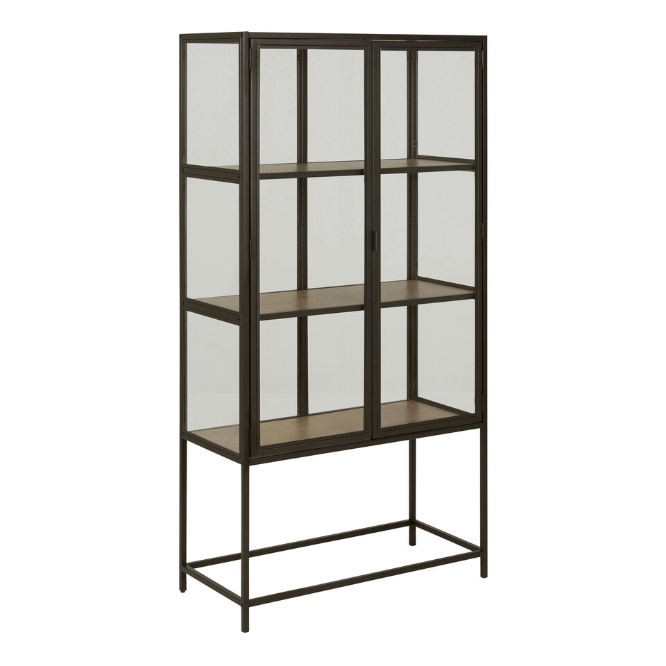 image 1 of Seaford 2 Glass Door Display Cabinet in Black & Oak