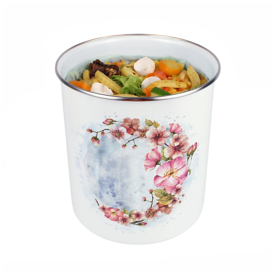 image 1 of Floral Blossoms Food Waste Caddy - Metal 2L Decorative Kitchen Compost Bin