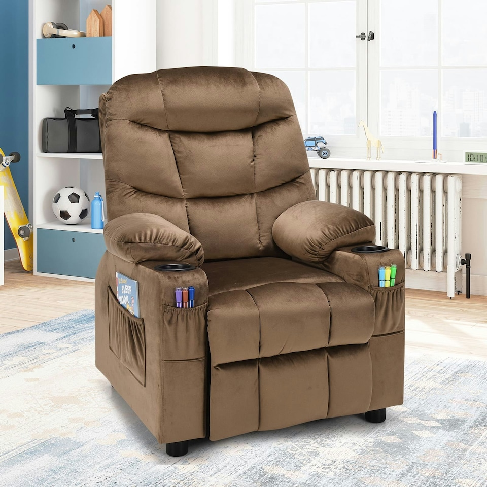 image 1 of COSTWAY Kids Recliner Chair Velvet Adjustable Sofa Chair Coffee Brown