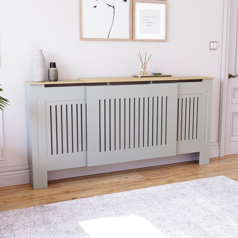 image 1 of Vida Designs Arlington Radiator Cover Painted MDF Slatted Cabinet, Grey, 140-204cm