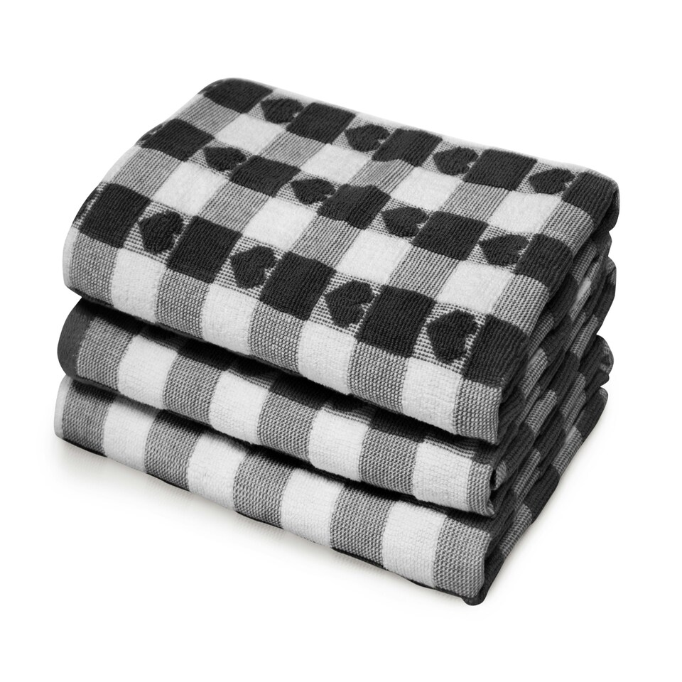 image 1 of Velosso Hearts Check Cotton Tea Towel 3 Pack Black | Black | One size
