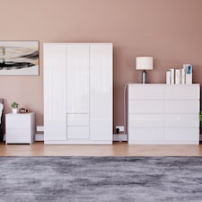 Vida Designs Glinton 3 Piece FSC Certified Bedroom Set (2 Drawer Bedside Chest, 8 Drawer Chest, 3 Door 2 Drawer Wardrobe), White | White | White | L | 3