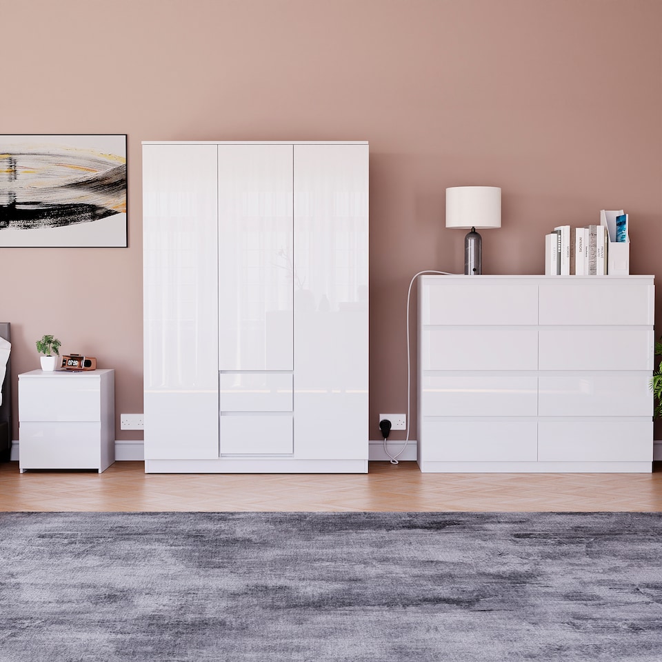 image 1 of Vida Designs Glinton 3 Piece FSC Certified Bedroom Set (2 Drawer Bedside Chest, 8 Drawer Chest, 3 Door 2 Drawer Wardrobe), White | White | White | L | 3