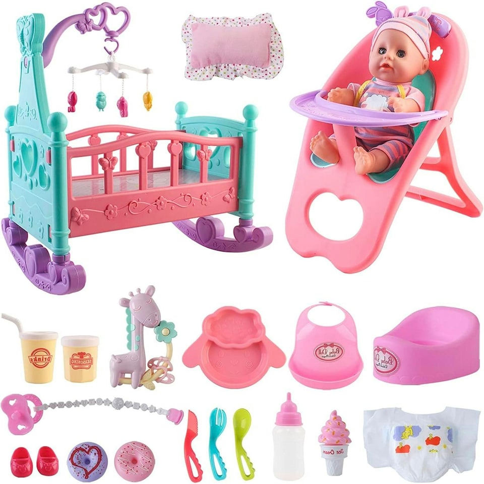 image 1 of 12” My First Baby Doll Play Set – 15 Piece Set with Crib, Mobile, High Chair & Accessories – Soft Body Doll for Kids Ages 3+