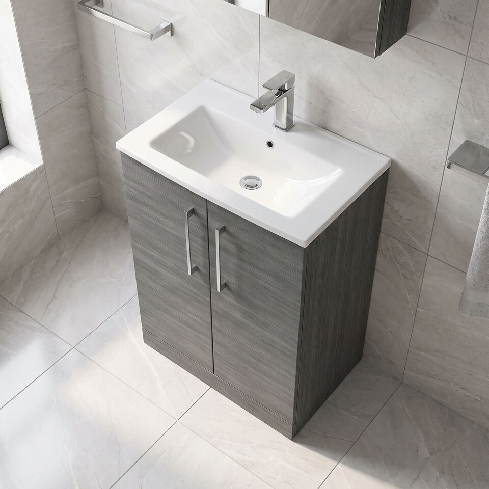 image 1 of Balterley Modern Bathroom 2 Soft Close Door Floor Standing Vanity & Basin | Grey | Anthracite Woodgrain | 830 x 610 x 440mm
