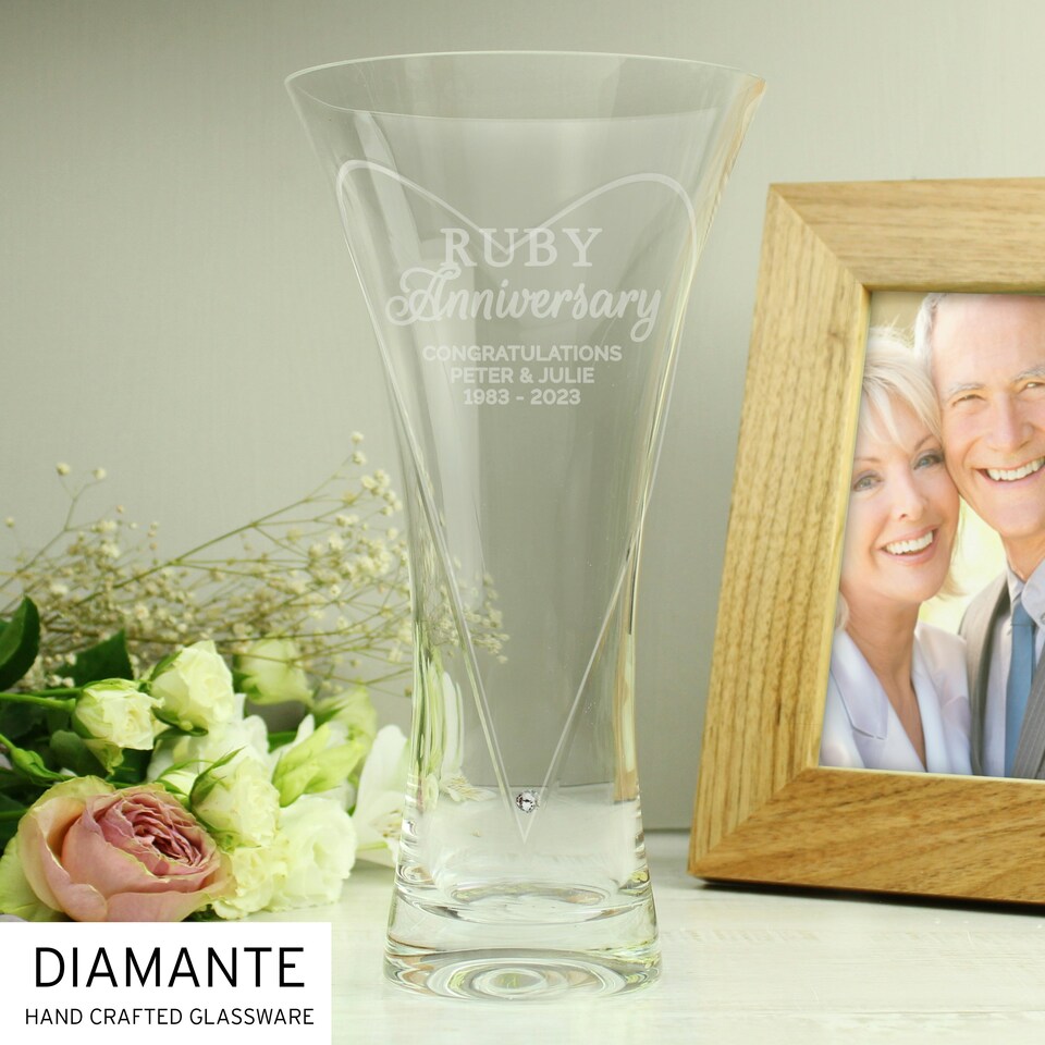 image 1 of Personalised Ruby Anniversary Large Hand Cut Diamante Heart Vase Clear
