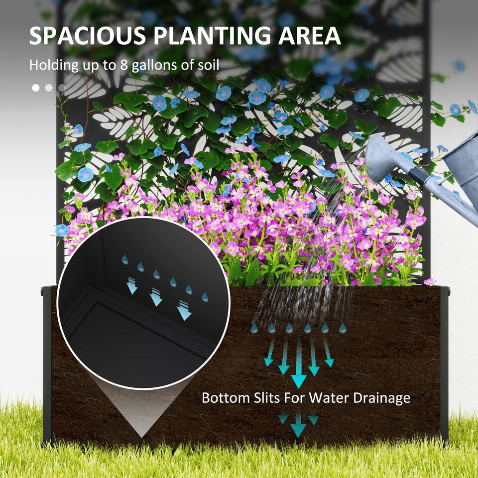 image 1 of Outsunny Metal Raised Garden Bed with Trellis, Outdoor Elevated Planter Box | Black | Black