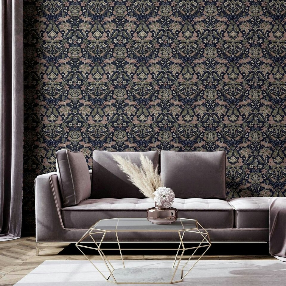 image 1 of World Of Wallpaper Folk Floral Textured Wallpaper - Navy/Pink/Olive - 10m x 53cm Blue