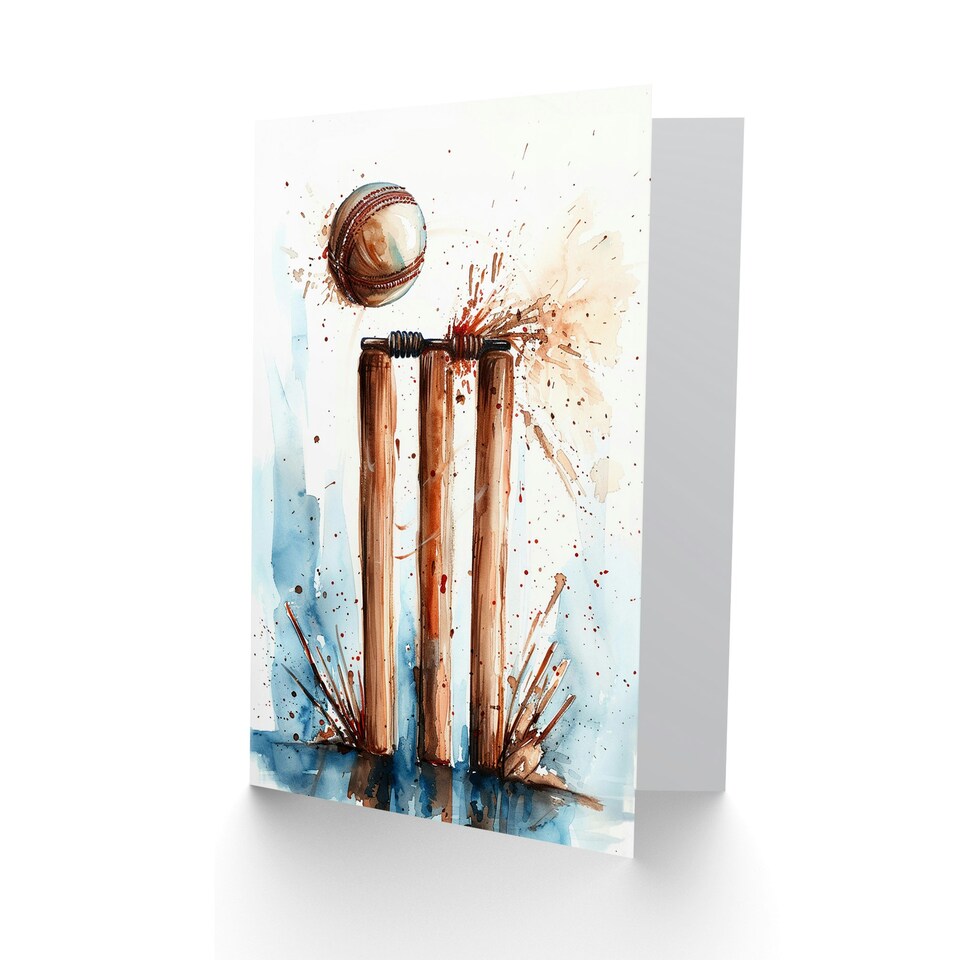 image 1 of Cricket Ball and Wicket Watercolour Painting Sport Greeting Card