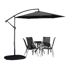 Outdoor 4 Person Round Glass Top Garden Dining Table Chairs With Black Banana Parasol and Base