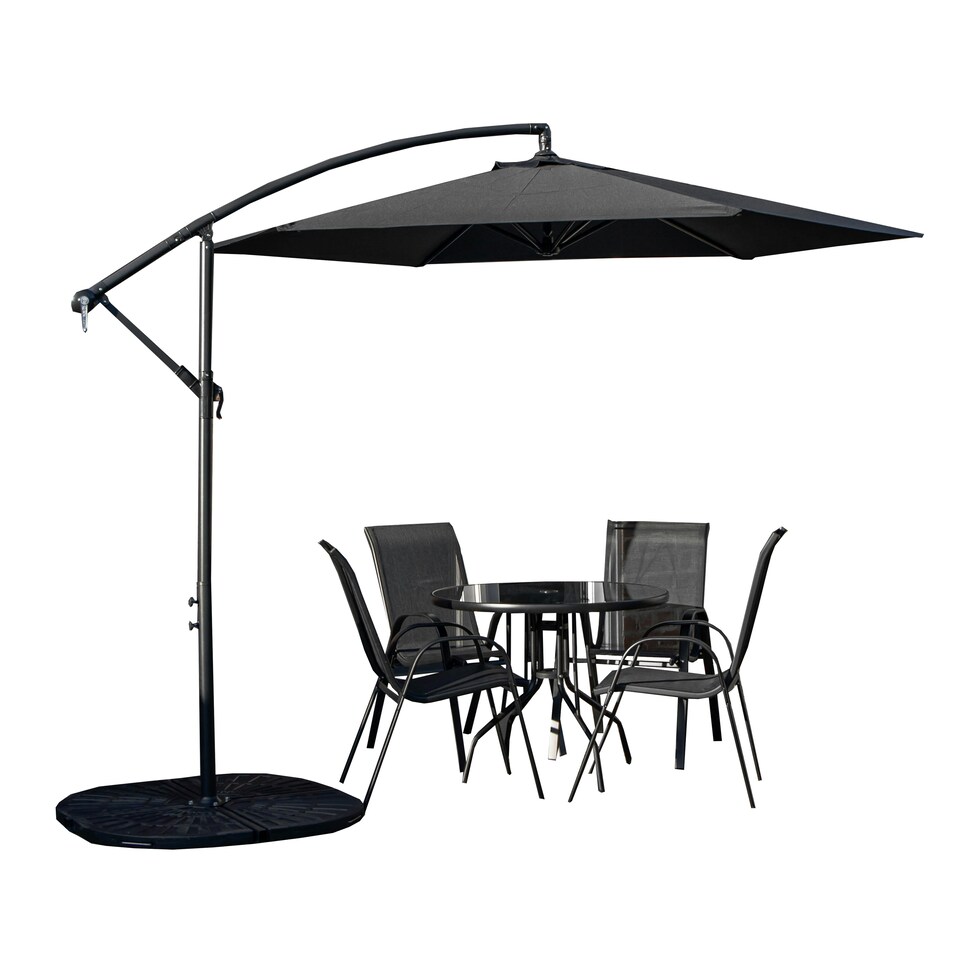 image 1 of Outdoor 4 Person Round Glass Top Garden Dining Table Chairs With Black Banana Parasol and Base
