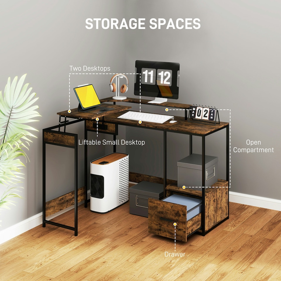 image 1 of HOMCOM L Shaped Desk, Computer Table with Liftable Desktop, Rustic Brown Brown | Black