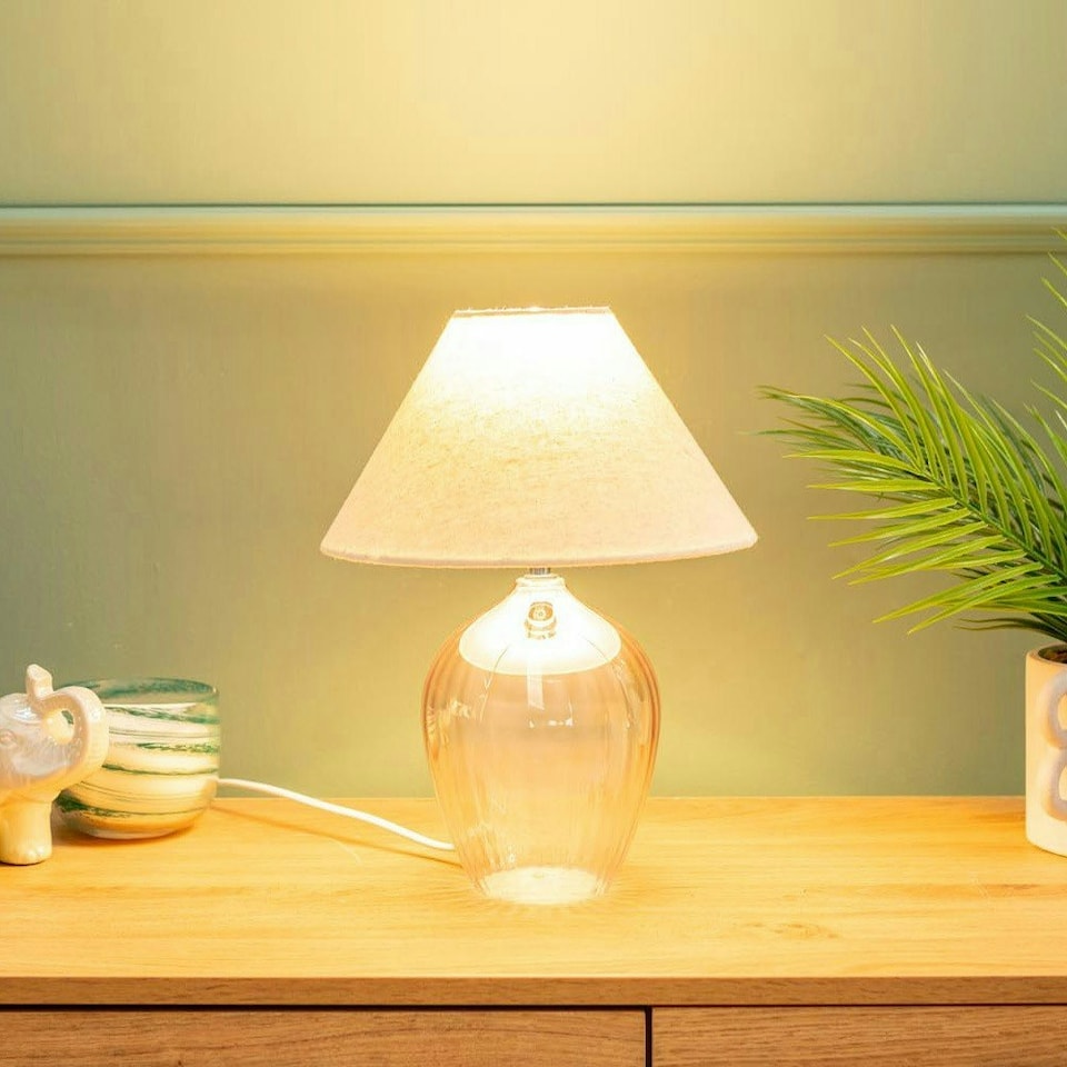 image 1 of ValueLights Olivet Pair of Blush Pink Glass Table Lamps with Fabric Tapered Lampshade Bedside Light