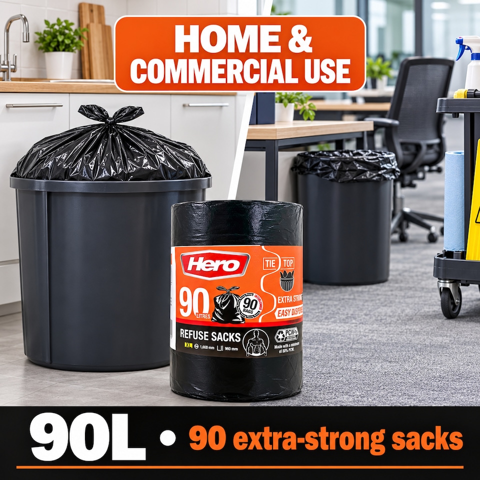 image 1 of Hero Extra Strong Black Bin Bags 90 Litre Pack of 90 Heavy Duty Refuse Sacks with Tie Top Handles  Brand