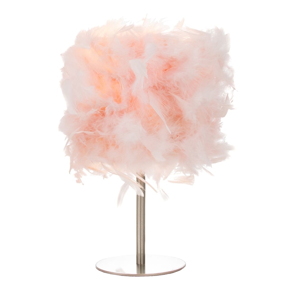 image 1 of Modern and Chic Real Pink Feather Table Lamp with Satin Nickel Base and Switch | Pink | Pink | 1
