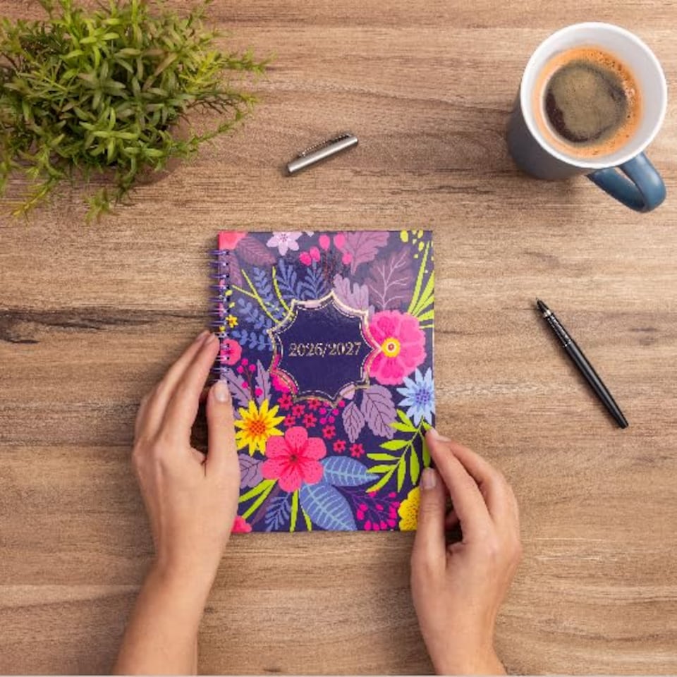 image 1 of 2026 - 2027 Academic Diary A5 Week to View - Spiral Bound Mid Year Planner Aug 2026 to Jul 2027 - Hardback | Blue | Flowers