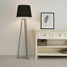 ValueLights Lottie Grey Wood Tripod Floor Lamp with Black Fabric Tapered Shade and LED Bulb