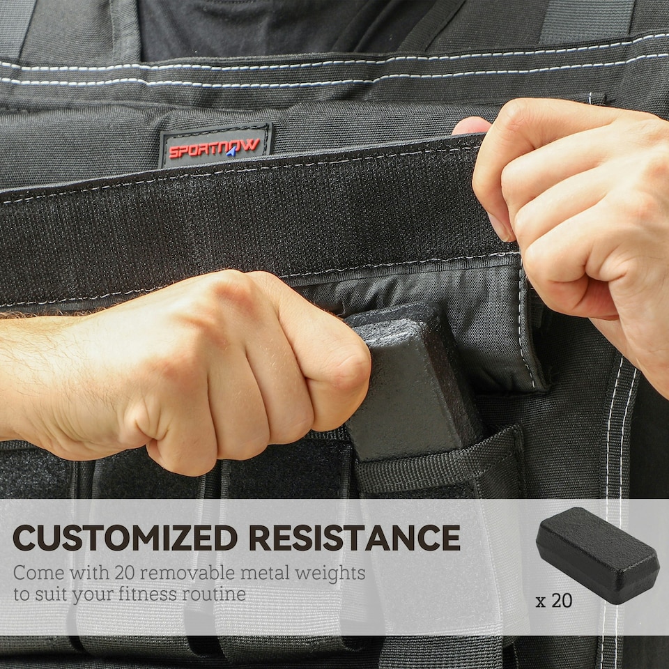 image 1 of 20KG Adjustable Weighted Vest with 20 Metal Weights, Running Weight Vest Black | 50L x 40Wcm