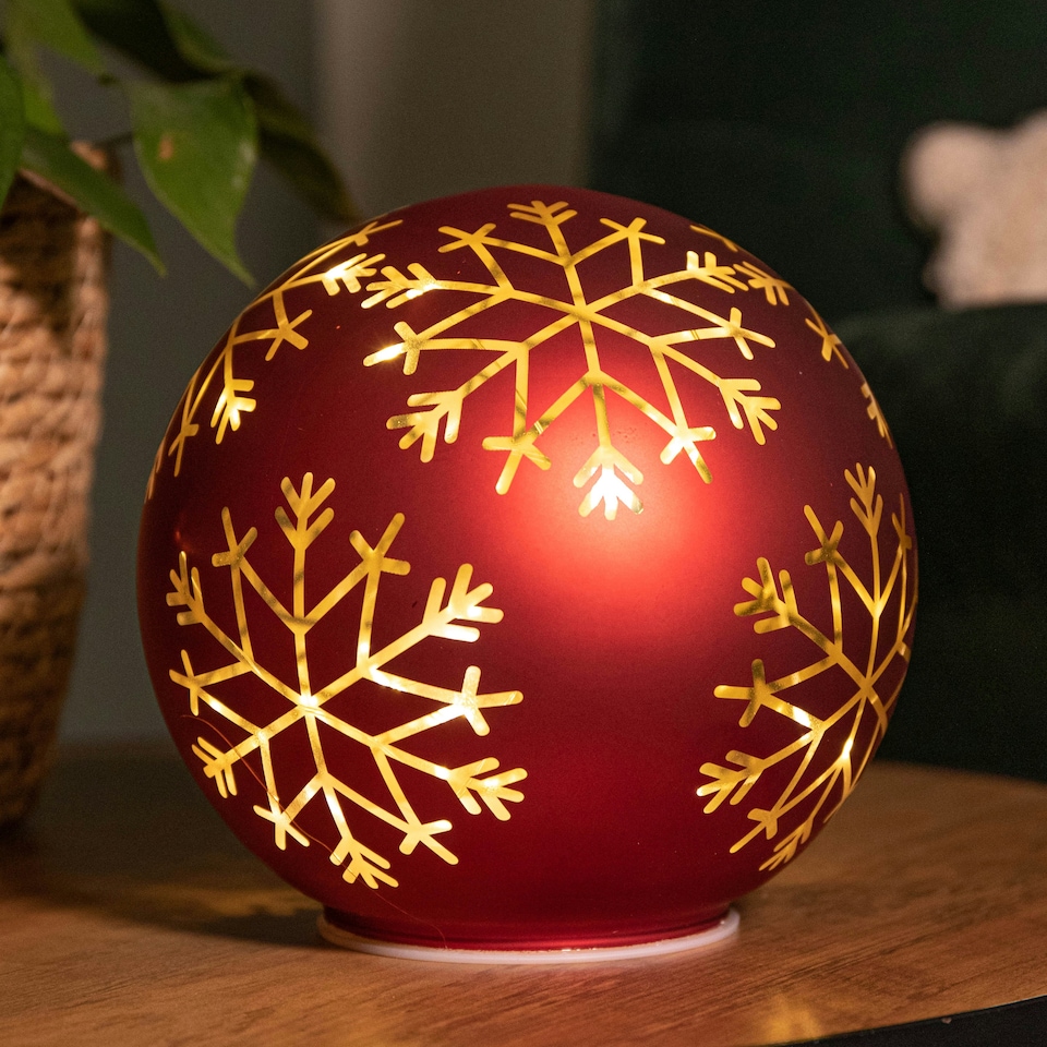 image 1 of 15cm Battery Operated Light up Snowflake Glass Ball in Red with Warm White LEDs
