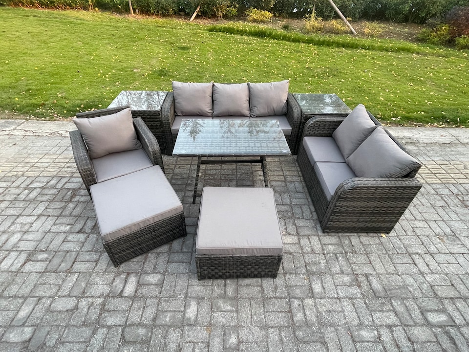 image 1 of Fimous 8 PCS Outdoor Lounge Sofa Set Wicker PE Rattan Garden Furniture Set with Rectangular Dining Table Armchair 2 Big Footstool 2 Side Tables Dark Grey Mixed