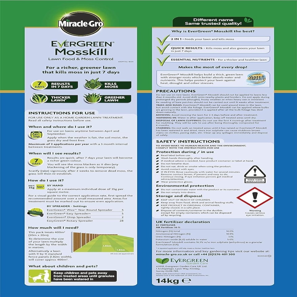 image 1 of Miracle-Gro Mosskill Lawn Food 14kg - 400m²