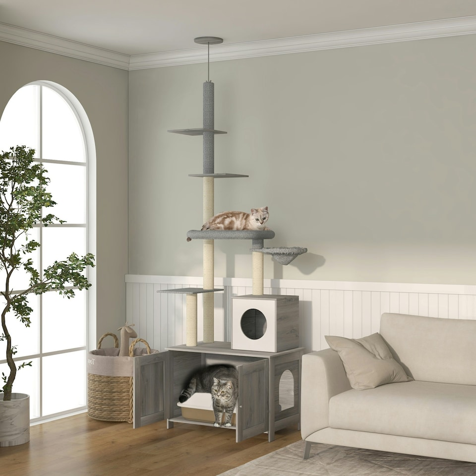 image 1 of PawHut 2-in-1 Hidden Litter Box with Floor-To-Ceiling Cat Tree, Indoor - Grey