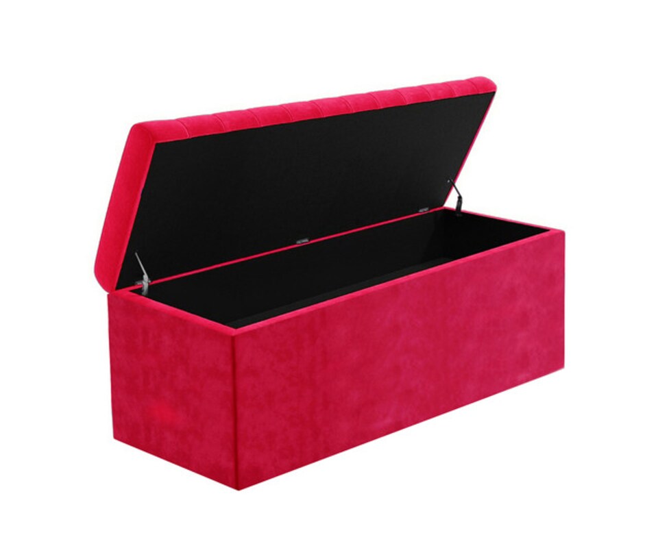 image 1 of 180cm Safar Large Striped Storage Ottoman Box, Red Plush Velvet Upholstered Deep Storage Ottoman End of Bed Bench