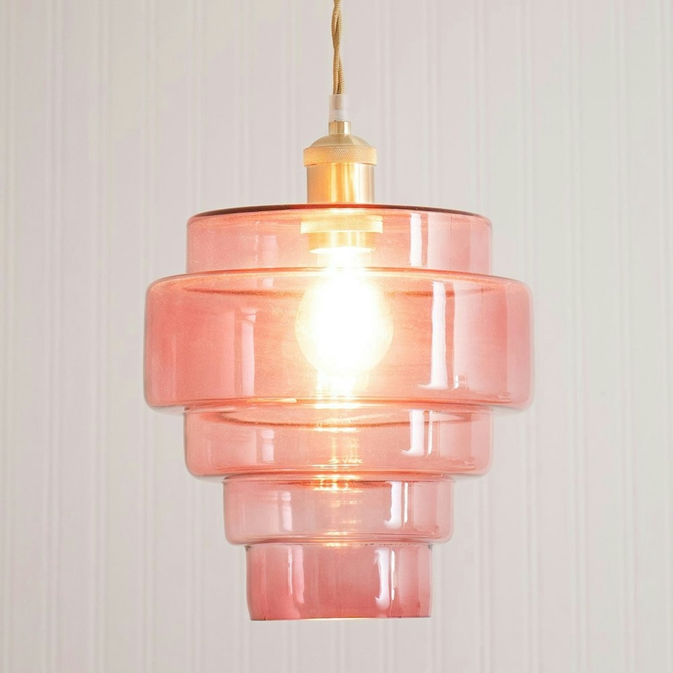 image 1 of ValueLights Lane Pink Glass 5 Tier Layered Easy Fit Ceiling Pendant Lamp Shade with LED Bulb Pink
