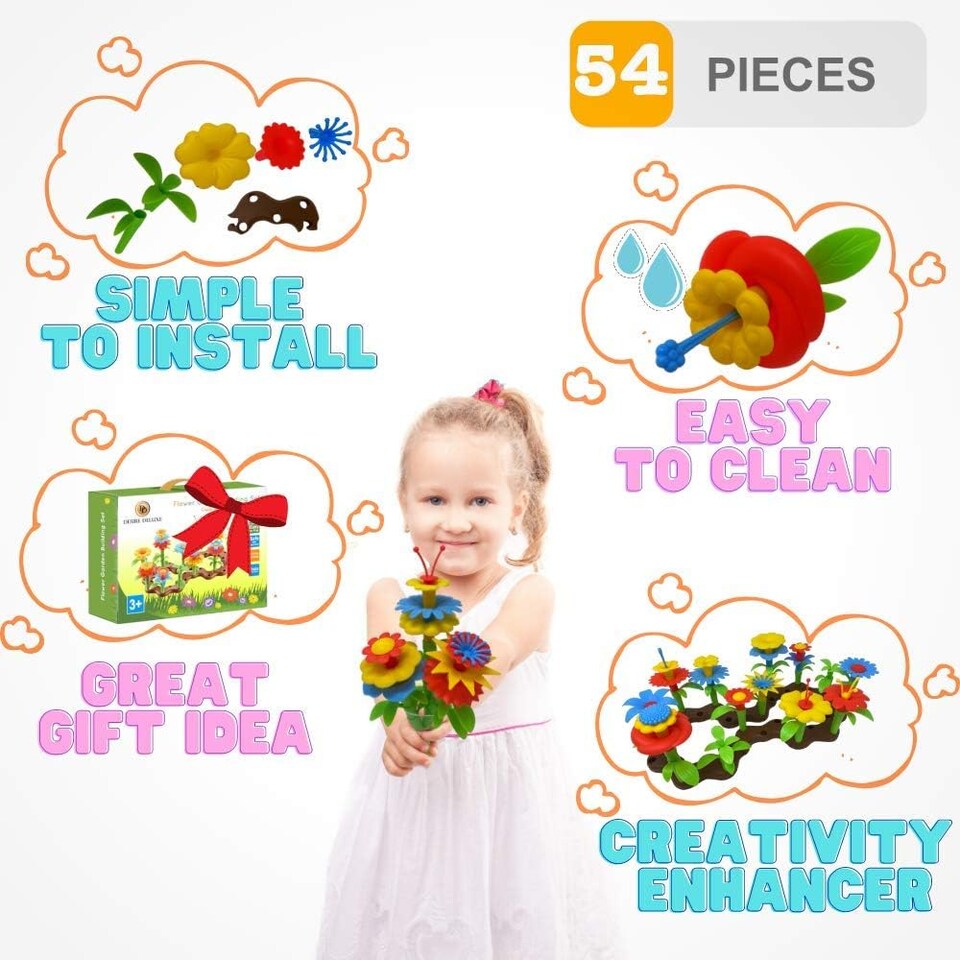image 1 of Desire Deluxe Girls Toys for 3 Year Old Kids Flower Build A Garden Toy Building Blocks Set for Baby, Children - Indoor & Outdoor Floral Arrangement for Kids 54pc