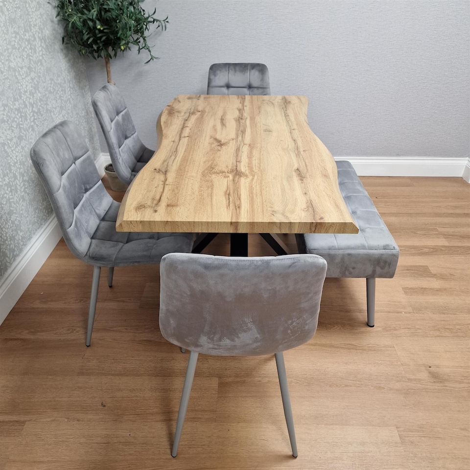 image 1 of Dining Table with 4 Grey Velvet Chairs and Padded Bench, Dining Room Furniture
