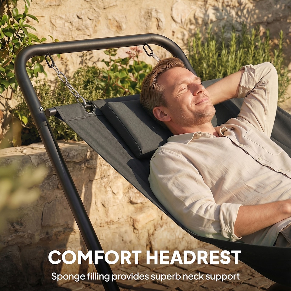 image 1 of Outsunny Outdoor Hammock with Stand with Side Pocket, Headrest, Dark Grey | Grey | Dark Grey | 237 x 90 x 92 cm