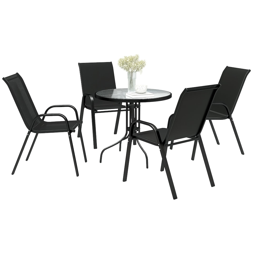 image 1 of Outsunny 5 PCs Garden Furniture Set, Round Table and Stackable Chairs Black